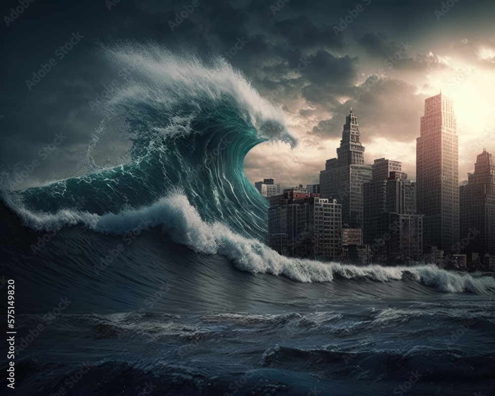 The tsunami wave goes to the city. Generative AI. - obrazy, fototapety, plakaty 