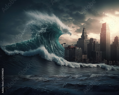 The tsunami wave goes to the city. Generative AI. photo