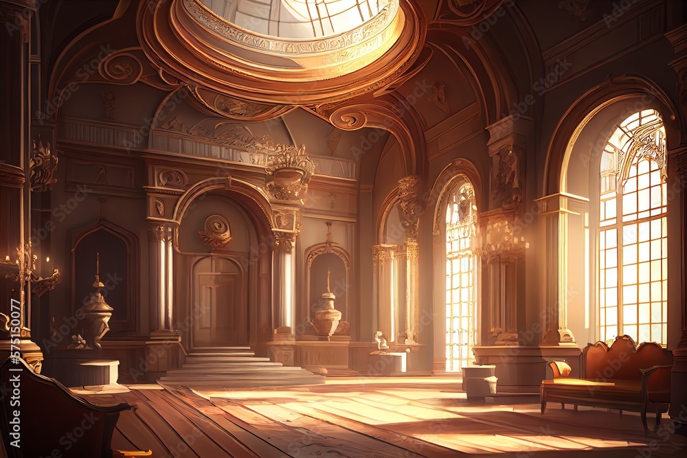 A Realistic Fantasy Interior Of The Royal Palace. Golden Palace. Castle Interior. Fiction Backdrop. Concept Art. Generative AI