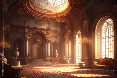 A Realistic Fantasy Interior Of The Royal Palace. Golden Palace. Castle Interior. Fiction Backdrop. Concept Art. Generative AI