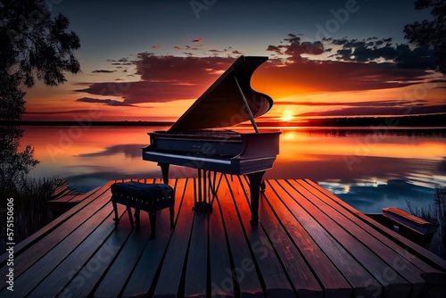 Piano Sitting On A Dock At The Sunset. Beautiful Scenery. Instrument. Generative AI