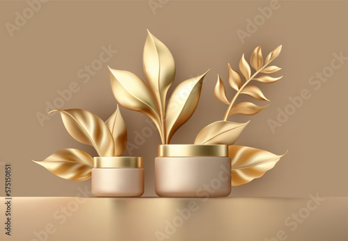 3d cream packaging cosmetic beauty product with gold leaves. Tropical vector background natural treatment 