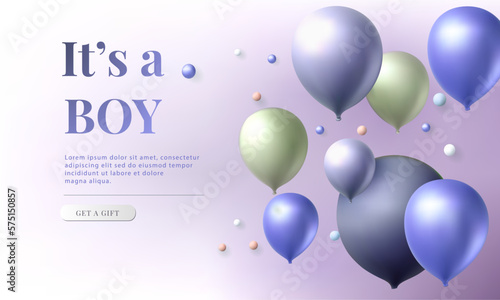 3d balloon air celebration vector party baby shower pastel background. Happy birthday boy