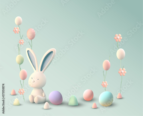 Easter celebration vector 3d season background, realistic cute bunny eggs rabbit illustration. 