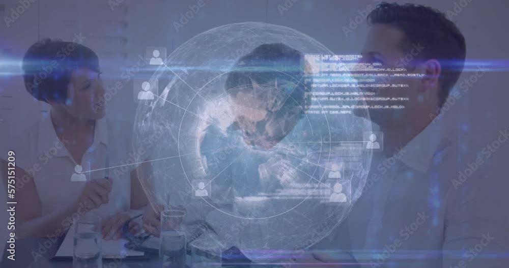 Animation of globe in circle with profile icons over diverse coworkers discussing in meeting Animation of globe in circle with profile icons over diverse coworkers discussing in meeting