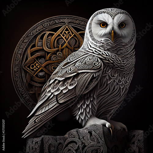 Gaelic style wildlife illustration of  an arctic owl, ai generated