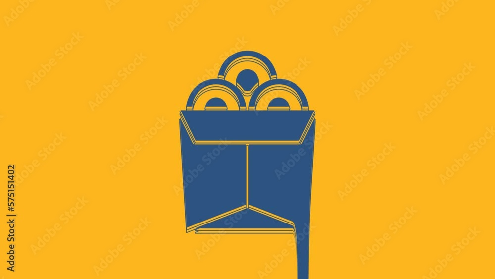 Blue Asian noodles in paper box and chopsticks icon isolated on orange background. Street fast food. Korean, Japanese, Chinese food. 4K Video motion graphic animation Blue Asian noodles in paper box and chopsticks icon isolated on orange background. Street fast food. Korean, Japanese, Chinese food. 4K Video motion graphic animation