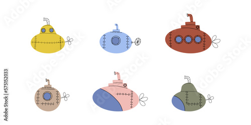 Submarine. Underwater transport. Sea life design. Vector illustration in scandinavian style.