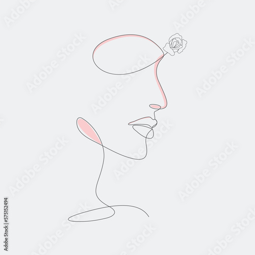 Stylish woman portrait. Outline trendy vector illustration. Continuous line drawing, minimalistic concept. Romantic image in pastel watercolor shades