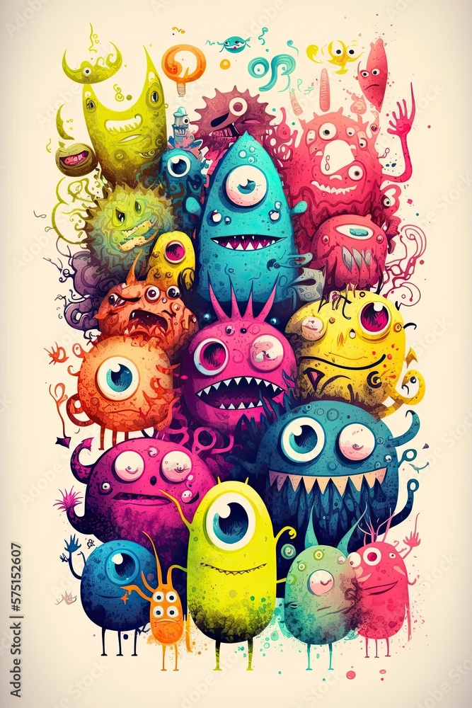 Many monsters, doodle art style, colorful, funny, neon watercolors Generative AI