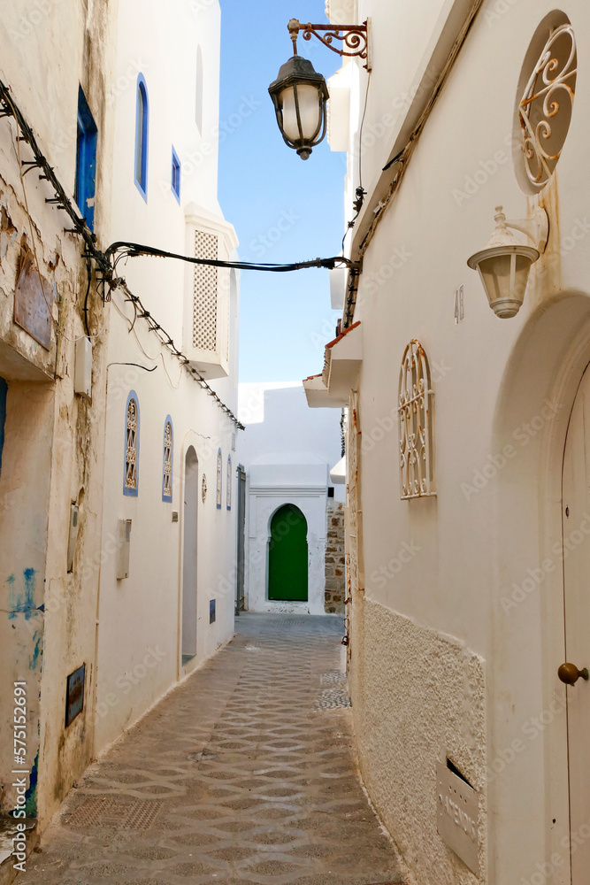 Assillah, la perla bianca dell'Atlantico. Marocco. Case bianche con finiture indaco e verde e pitture murali fanno di questa piccola città un esempio di bellezza architettonica