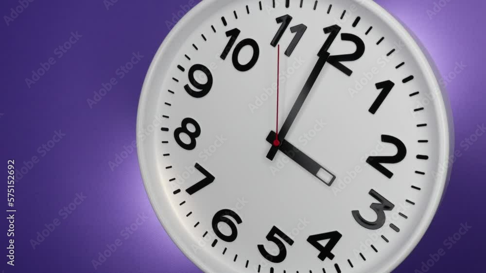 A White Wall Clock On Purple Background With A Time Of 3.00 Am Or Pm. A Black Hands and Red Second Hand Of The Clock. 4k. ProRes. A White Wall Clock On Purple Background With A Time Of 3.00 Am Or Pm. A Black Hands and Red Second Hand Of The Clock. 4k. ProRes.