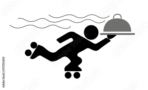 Skating waiter with silver tray vector icon isolated