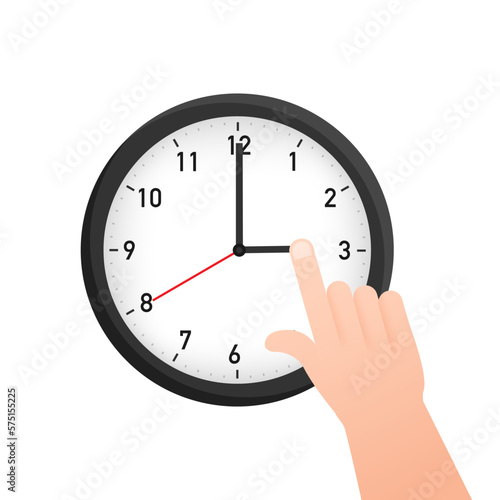 Finger pointing on the clock. Hurry up. Deadline. Time is ticking.