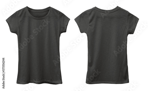 Female woman child kids blank black shirt template mock up, front and back t-shirt flat lay design isolated