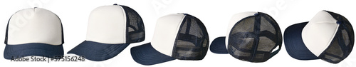 Set of blue and white trucker cap hat mockup template collection, various angle isolated cut out object