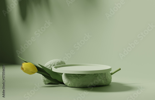 3D display podium green background with yellow tulip flower and stone. Nature Blossom minimal pedestal for beauty, cosmetic product presentation. Summer and spring mockup. 3d render template