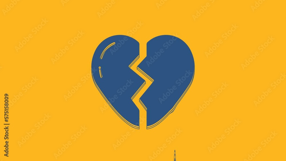 Blue Broken heart or divorce icon isolated on orange background. Love symbol. Valentines day. 4K Video motion graphic animation Blue Broken heart or divorce icon isolated on orange background. Love symbol. Valentines day. 4K Video motion graphic animation