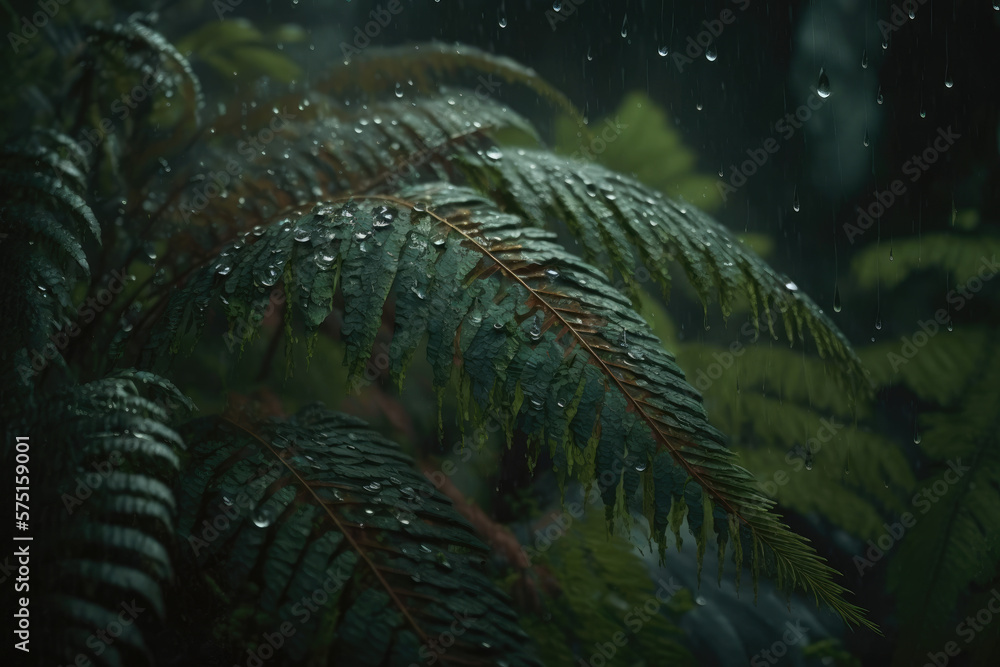 Heavy rain in the forest. Generative AI