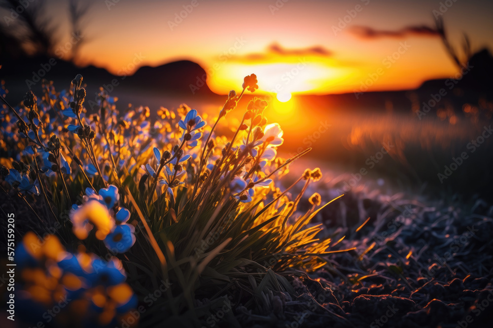 Amazing spring sunset in the field. Generative AI