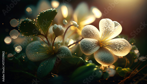 Beautiful Bacopa Flower Glowing in the dark with sparkles in the air, magical atmosphere in a grass patch at the edge of a forest at night. Generative AI photo
