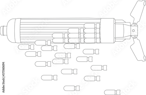cluster munition, cluster bomb, submunition bomb a form of air dropped or ground-launched explosive weapon sketch drawing, contour lines drawn