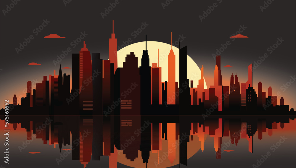 Flat vector city skyline at sunset