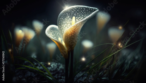 Beautiful White Calla Flower Glowing in the dark with sparkles in the air, magical atmosphere in a grass patch at the edge of a forest at night, abstract concept . Generative AI