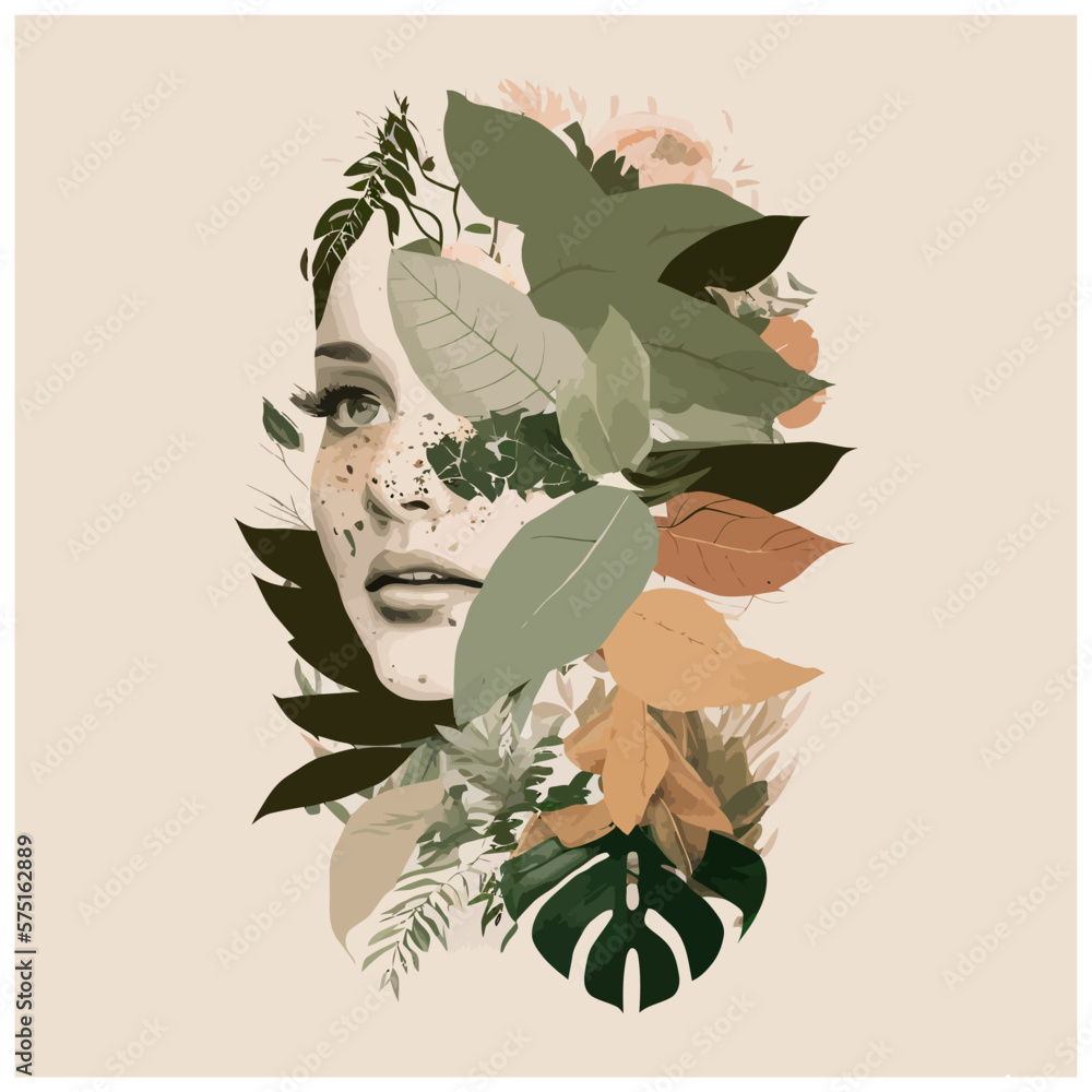 Beautiful woman profile botanical boho illustration print. Vector