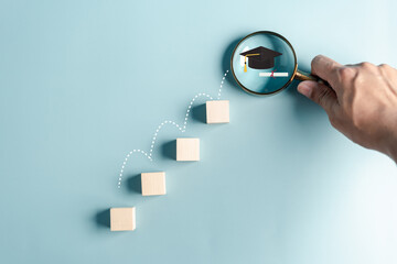 Steps of education leading to success goal. Taking strategic steps towards graduation. Career path and first for business, Graduation achievement goals concept. Graduation cap on wooden block.