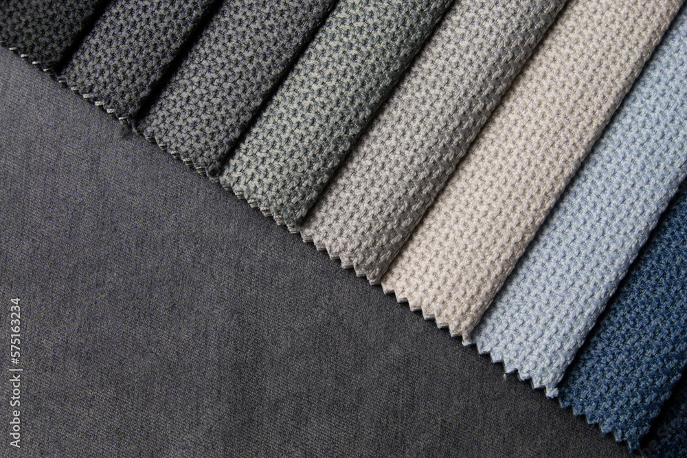 Bright collection of gunny textile samples. Set of fabric swatch