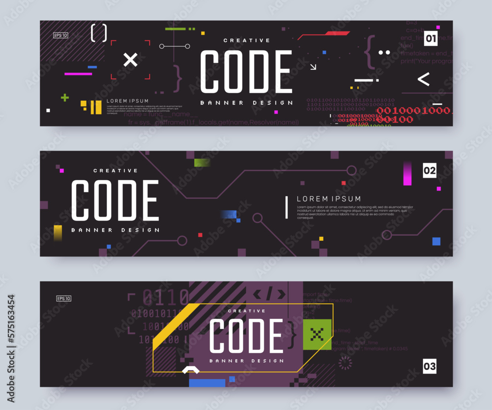 Computer programming banner design with place for text. Coding and software development web banner concept. Abstract digital technology background for IT business. Vector illustration. - obrazy, fototapety, plakaty 