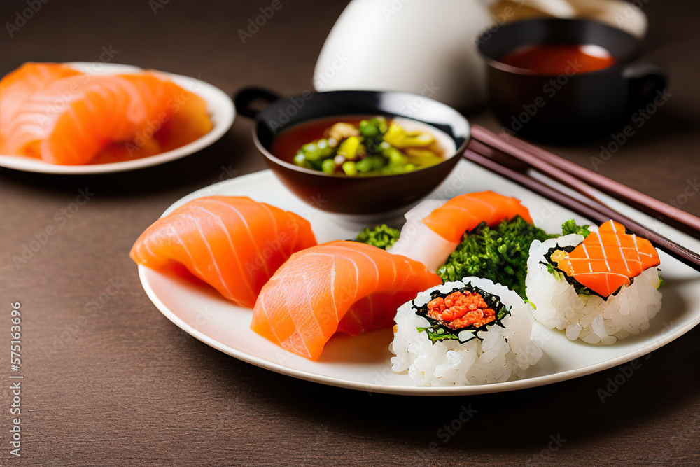 image of raw salmon on sushi roll with broccoli