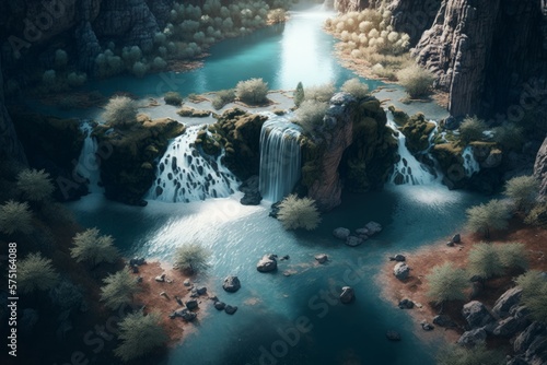 A Majestic View from Above: Cascading Waterfalls and Enchanting Forest, generative ai