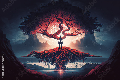woman silhouette meditating infront of a large sentient yggdrasil tree aof life. Generative art