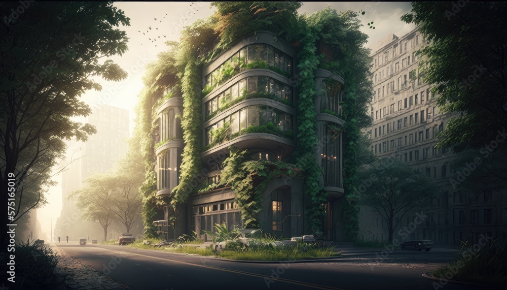 Naklejka premium The Arboreal City: A Cityscape Enveloped by a Canopy of Trees and Shrubs, AI Generative