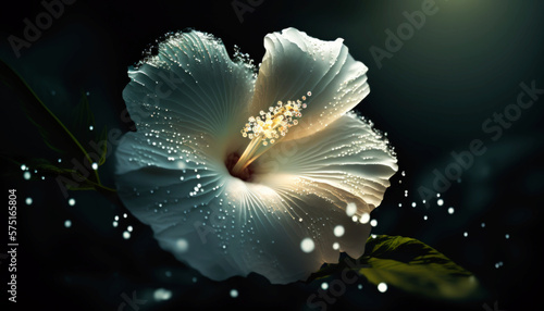 Beautiful Hibiscus Flower Glowing in the dark with sparkles in the air, magical atmosphere in a grass patch at the edge of a forest at night, abstract concept . Generative AI