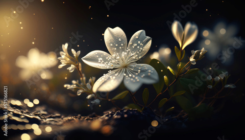 Beautiful White Jasmine Flower Glowing in the dark with sparkles in the air, magical atmosphere in a grass patch at the edge of a forest at night, abstract concept . Generative AI