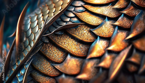 Close-up beast skin. Epic abstract leather wallpaper. Dragon scales close up. Beautiful fairy tale background. AI generative.