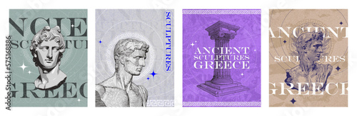 Ancient Greece - collection of minimalistic posters, sculptures and busts in pastel colors. Antiquity of ancient Greece, exhibition, museum. 3D Posters, brochures, flyers for exhibition. Vector set