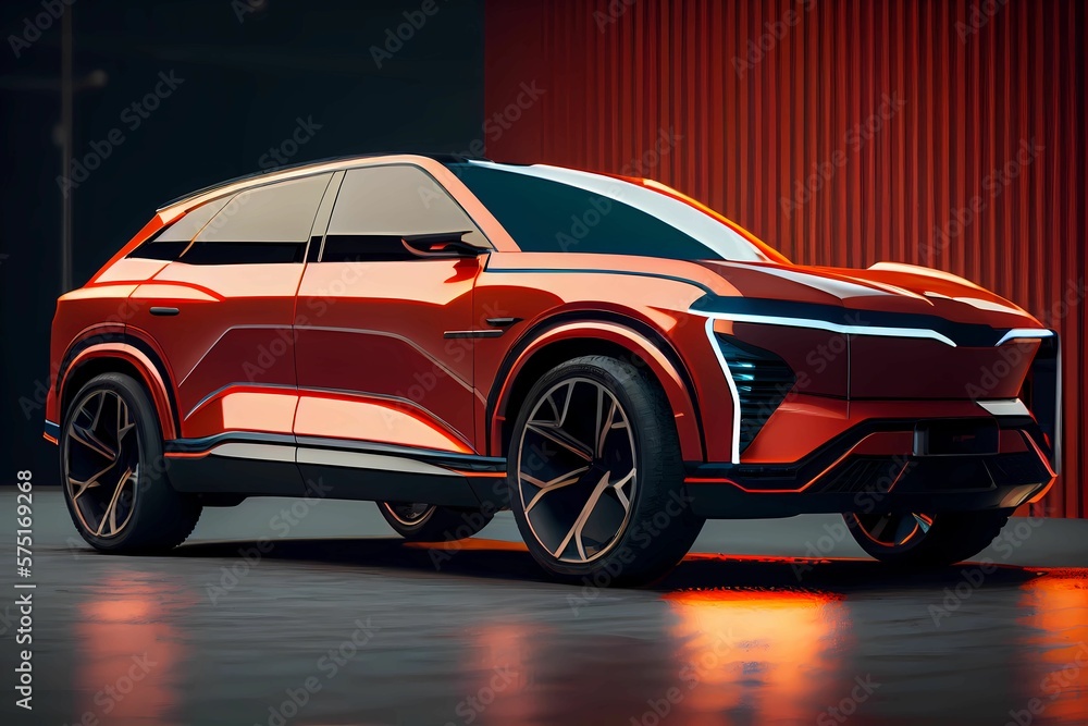 New electric and futuristic luxury SUV. Bright neon headlights. Generative AI.