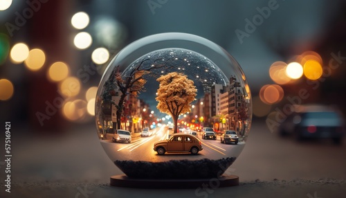 Snow globe world. Urban scenes. Generative AI.