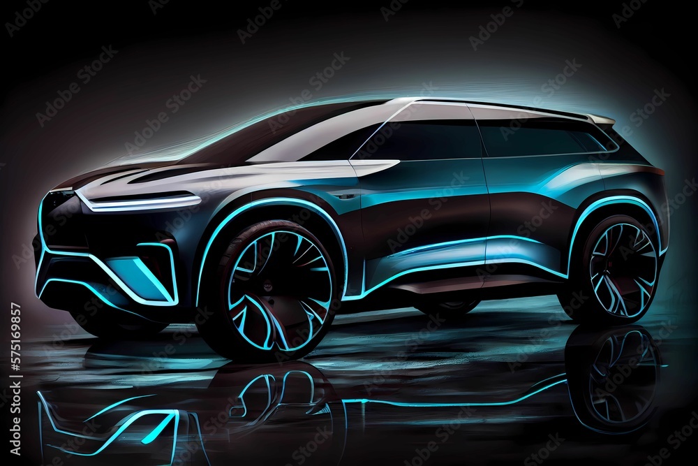New electric and futuristic luxury SUV. Bright neon headlights. Generative AI. New electric and futuristic luxury SUV. Bright neon headlights. Generative AI.