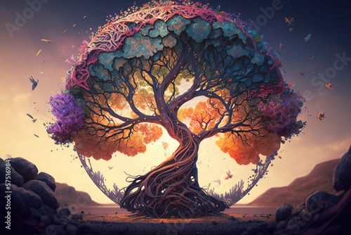 Yggdrasil Tree Stock Image for Fantasy, Mythical, and Spiritual. Generative Art photo