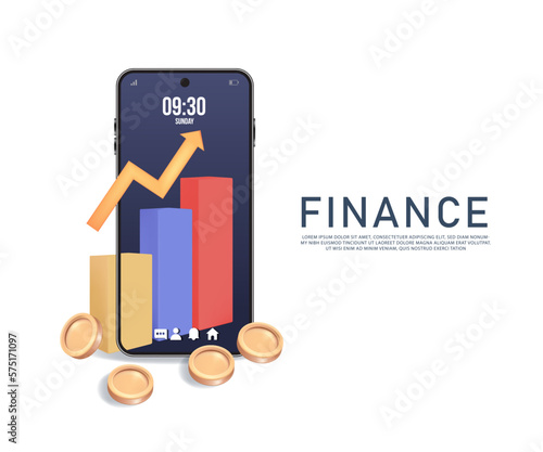 3D Bar graph of steps from low to high showing progress results and there is a dollar coin on top and all over the place on a dollar bill with a smartphone.