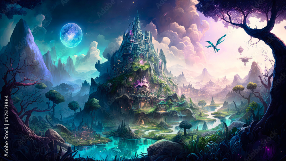 a fantastical world filled with magic, wonder, and enchanted creatures, surrounded by a lush forest and rolling hills, illustration - Generative AI