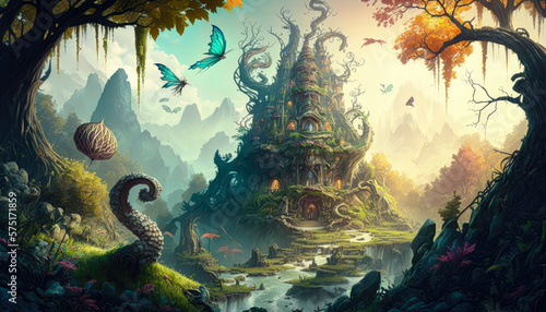 a fantastical world filled with magic, wonder, and enchanted creatures, surrounded by a lush forest and rolling hills, illustration - Generative AI © Florian