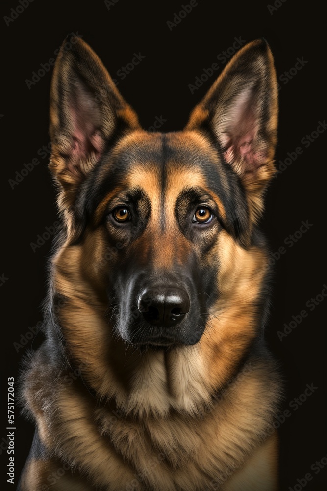 German shepherd dog portrait isolated on a black background illustrated using generative Ai German shepherd dog portrait isolated on a black background illustrated using generative Ai