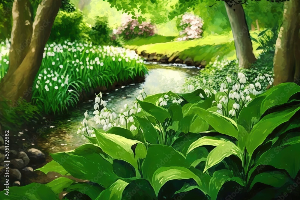Obraz premium Lily of the Valley, Beautiful flowers, A tranquil garden with a babbling brook, Calm and peaceful, Serene and relaxing, Soft, natural light that filters through the trees