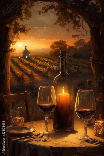 Wine  A Vineyard at Sunset  Rustic and Romantic Setting  Serene and Intimate  Warm and Cozy